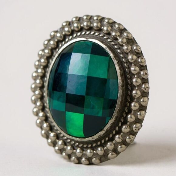 Southwest Aurora Opal & Onyx Checkerboard Sterling Silver Boho Adjustable Ring - Picture 2 of 10